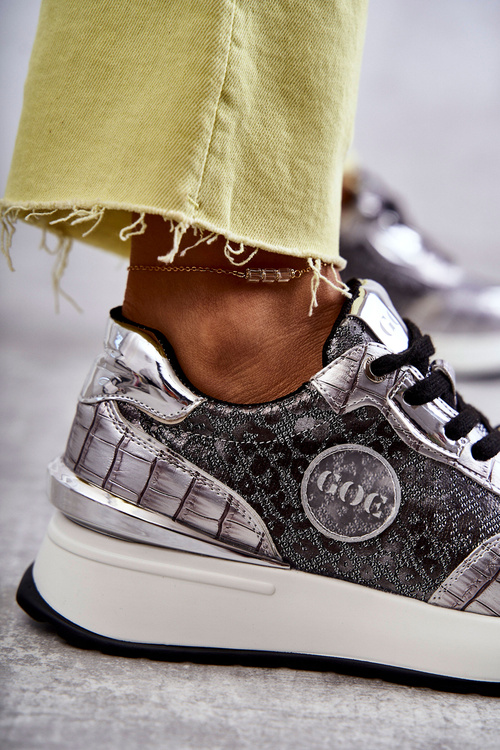 Buty Sportowe Damskie Koturn Srebrne GOE KK2N4083