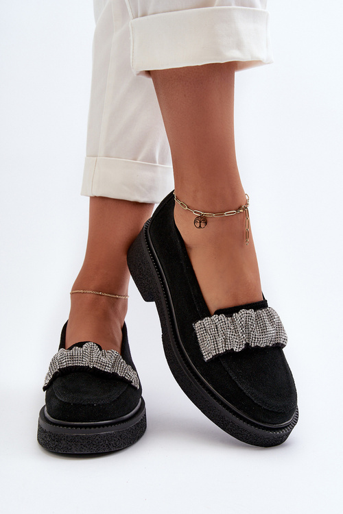 Mokasyny Zamszowe Ozdobny Pasek Damskie Czarne Zazoo 3419