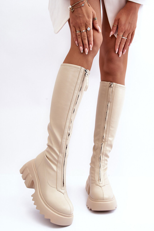 Leather Ankle Boots On Massive Platform With Zipper Beige Ringo