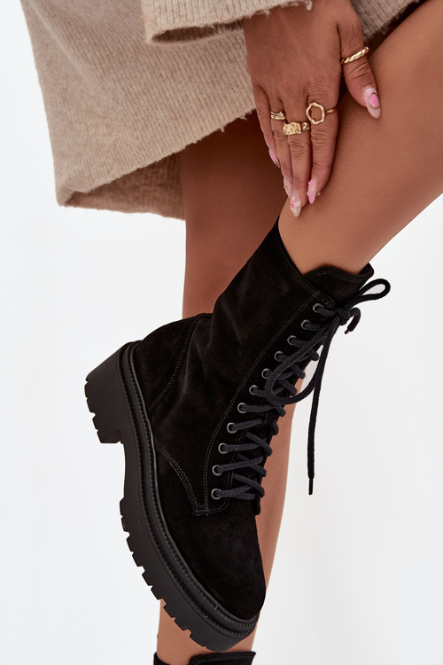 Damskie Botki Workery Ocieplane Zamszowe Czarne Zazoo 4213