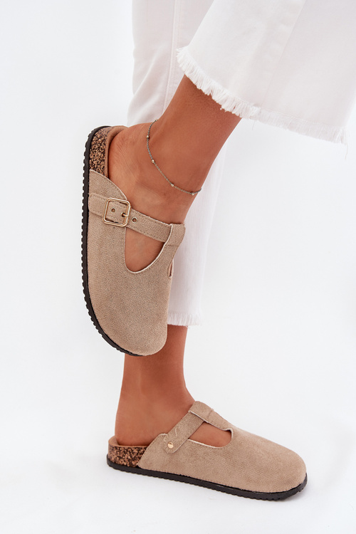 Women's Slides With Gold Buckle Beige Lirina