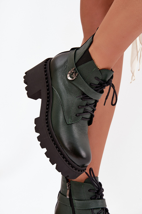 Leather Women's Block Heel Boots with Decorative Strap Insulated Zazoo 60557 Dark Green