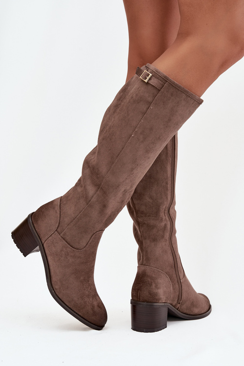 Knee-high eco suede boots on a heel Vinceza 58332 dark beige
