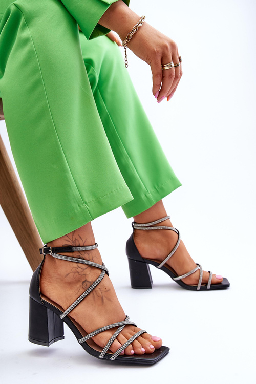 Women's Leather Sandals With Zirconia Heels Black Liviano