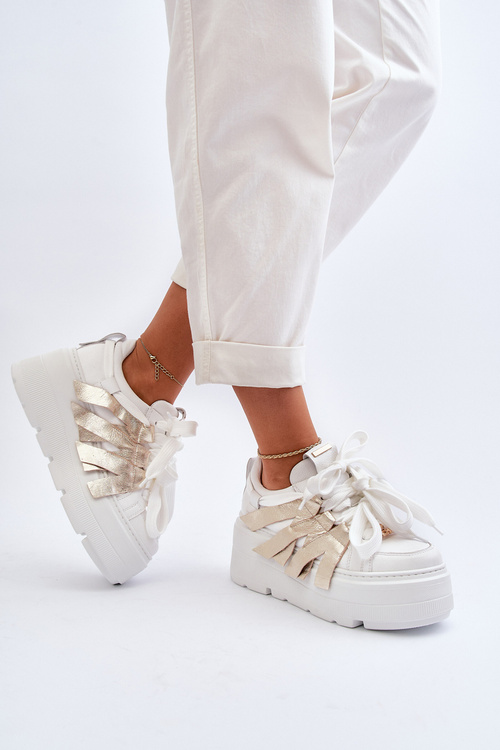 Sneakersy Skórzane Masywna Platforma Biało-Złote Zazoo 2F-7033