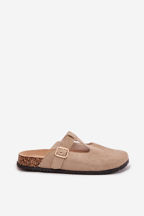 Women's Slides With Gold Buckle Beige Lirina