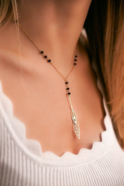 Women's Gold Necklace Chain Black Balls Rosary Beatrix