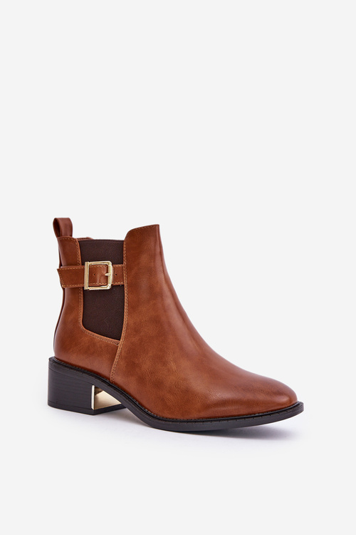 Sztyblety Botki Ocieplane Niski Obcas Złota Klamra Camel Vomera