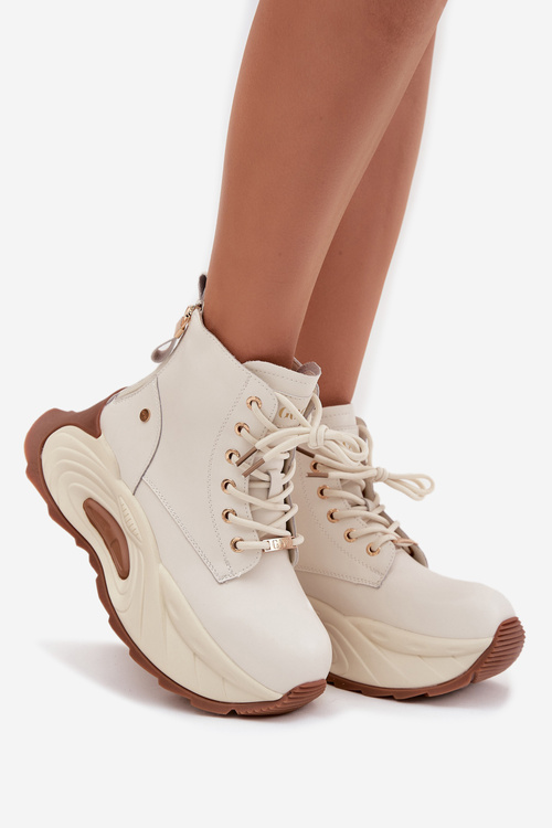 Damskie Botki Skóra Naturalna Ocieplane Na Platformie Jasnobeżowe GOE SS2N4300