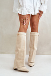 Women's Eco Suede Boots With Rolled Top On Heel Beige Bralise