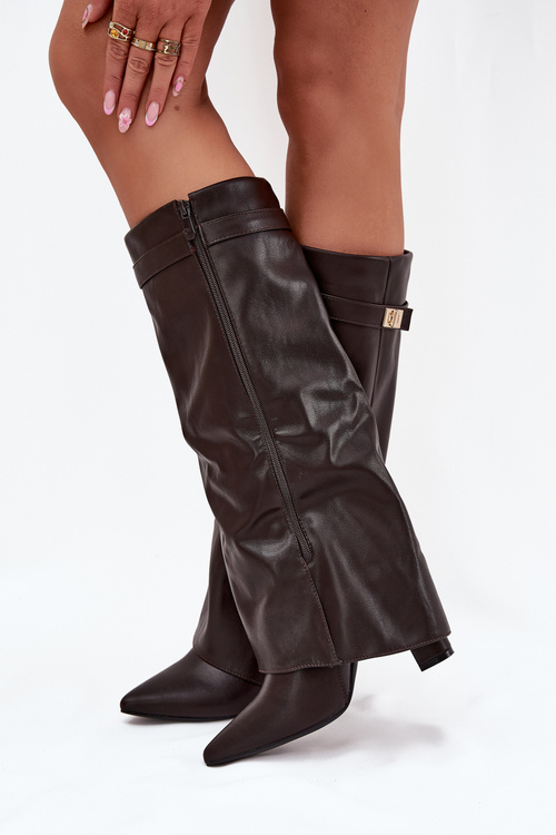 Women's Heeled Boots With Folded Shaft And Golden Detail Chocolate Diorna