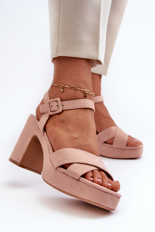 Women's sandals in faux suede on a block heel and platform pink Sakane