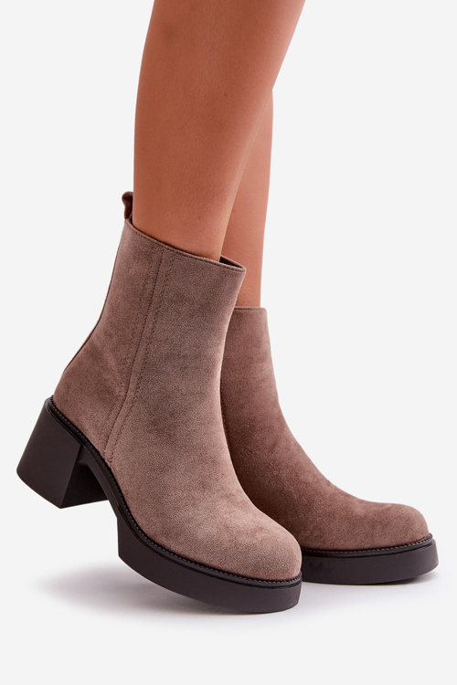 Botki Damskie Słupek Eko Zamsz Ocieplane Ciemnobeżowe Meriluna