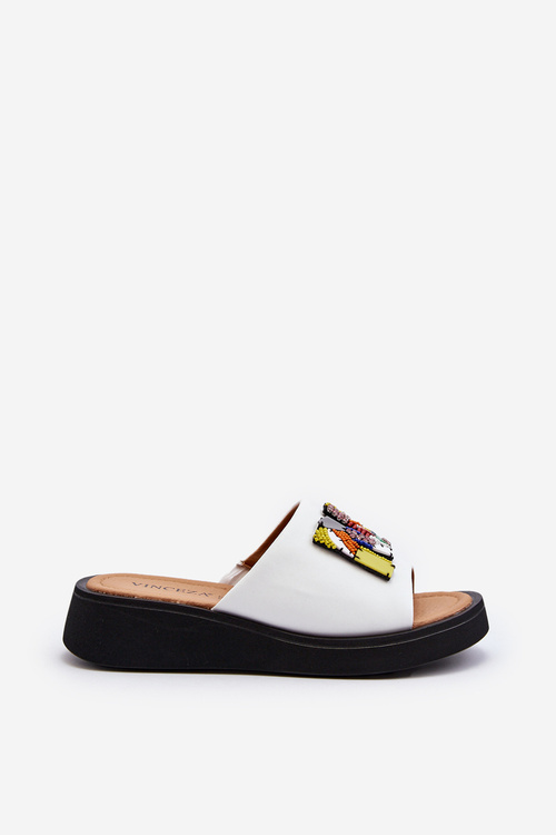 Women's Leather Platform Slippers With Decoration Beige Monroe