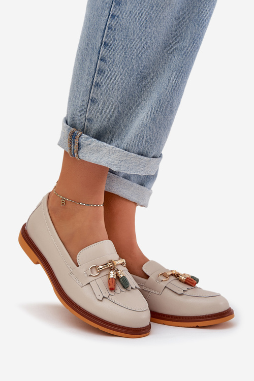 Leather Elegant Loafers On Flat Heel S.Barski LR51-768 Beige