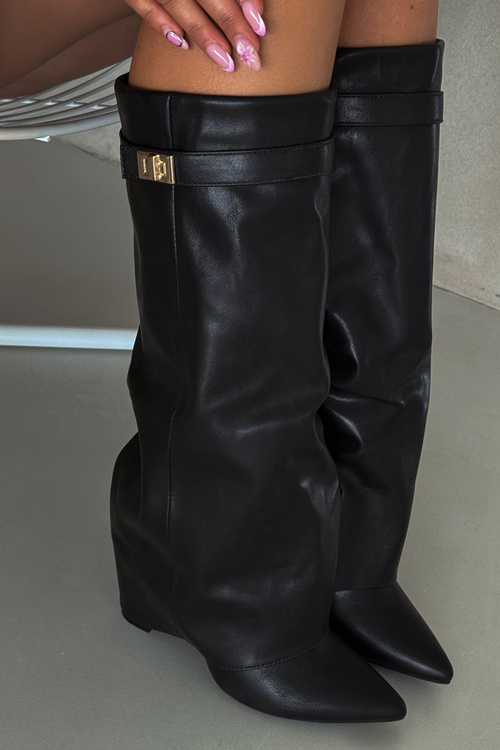 Women's Heeled Boots With Folded Shaft And Gold Detail Black Diorna