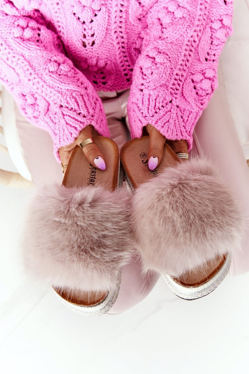 Platform Slippers With Eco Fur Beige Adventure