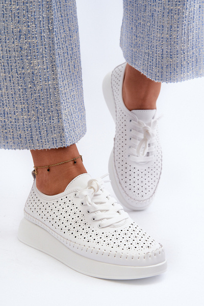 Sneakersy Damskie Skórzane Na Platformie Białe S.Barski LR278