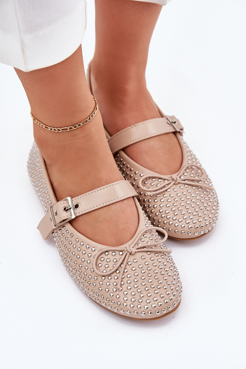 Embellished ballerinas with bow and strap beige Zdivisa