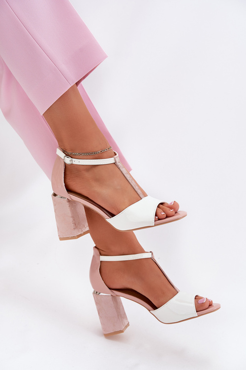 Lacquered Women's Sandals On Heel Pink-White Vinceza 20276