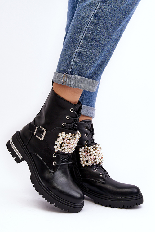 Lined Women's Work Boots Decorated Black Venizi