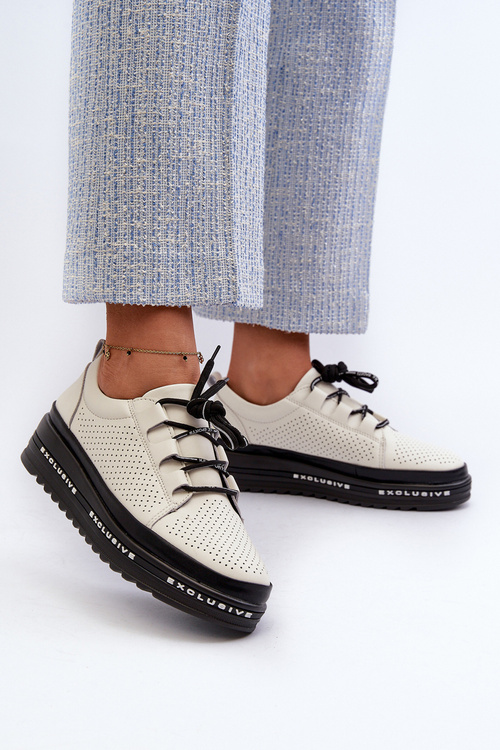 Półbuty Skórzane Na Platformie Damskie Beżowe S.Barski LR769A