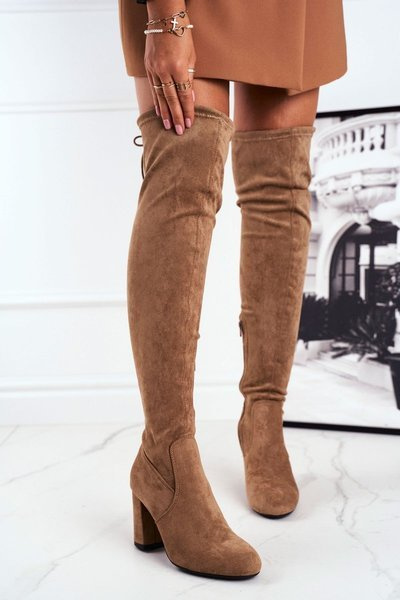 Kozaki Damskie Zamszowe Na Słupku Beżowe Highso