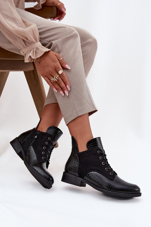 Patent Leather Women's Ankle Boots with Decorative Embossing Insulated Vinceza 16477 Black