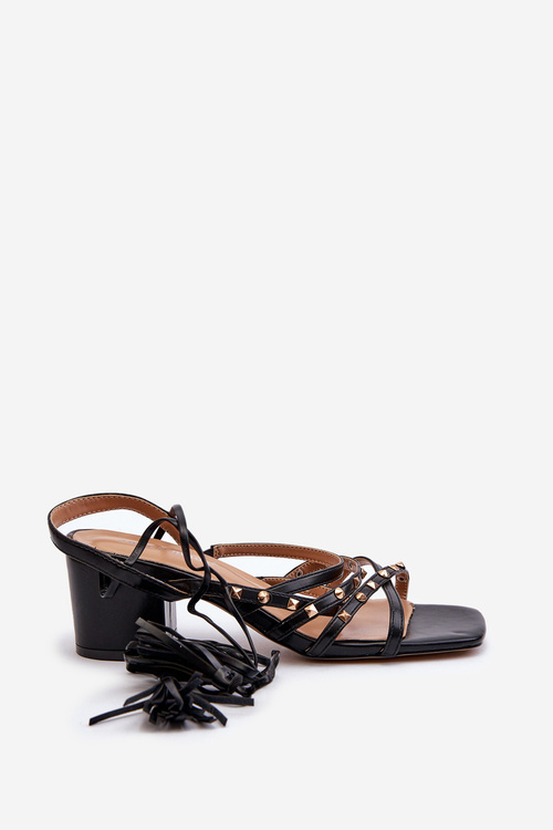 Lace-up Sandals with Low Heels Adorned with Studs Black Chrisele