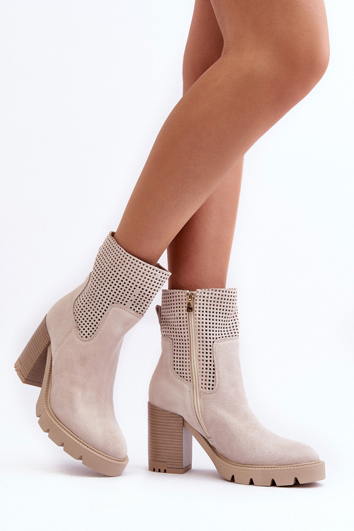 Women's Suede Aperture Ankle Boots On Heel Light Beige Lewski 3386