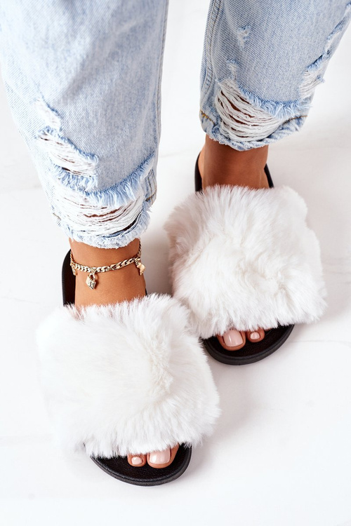 Rubber Slippers With Fur White Soft