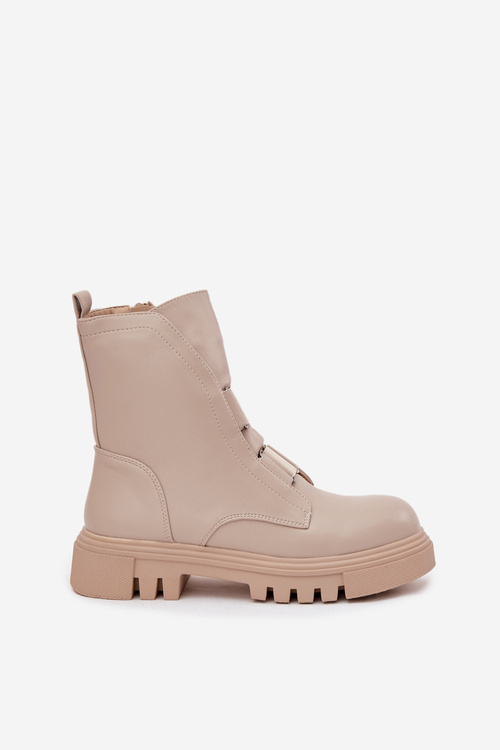 Fleece Lined Women's Worker Boots with Zip Eco Leather Light Beige Mailyra