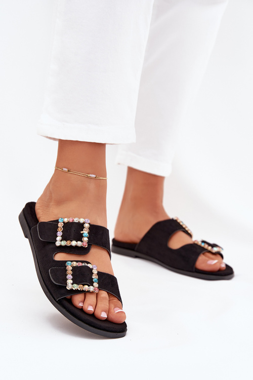 Slides With Buckles On Flat Heel Black Tovira