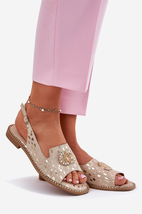 Leather Sandals With Decoration On Flat Heel S.Barski KV51-096 Gold