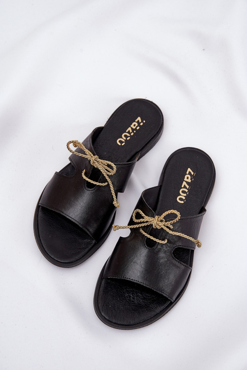 Klapki Skóra Naturalna Płaski Obcas Damskie Czarne Zazoo 3022