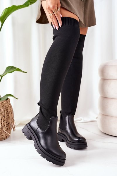 Over The Knee Boots Of Elastic Fabric Black Ice Coffee
