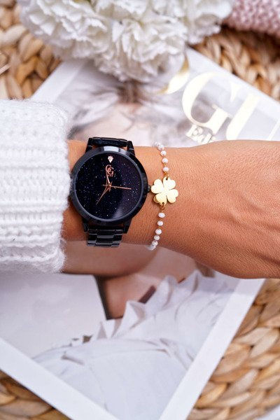 Women's Bracelet On Chain Gold White Beads Clover Chaser