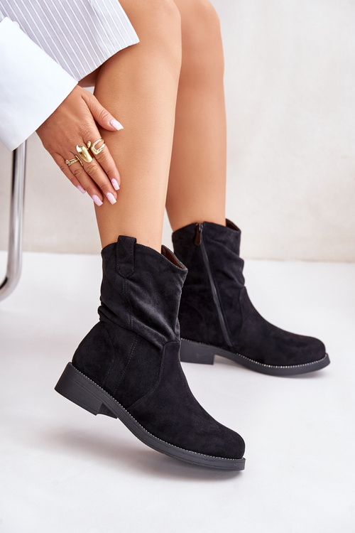 Damskie Botki Marszczona Cholewka Zdobieniem Ocieplane Czarne Etteara