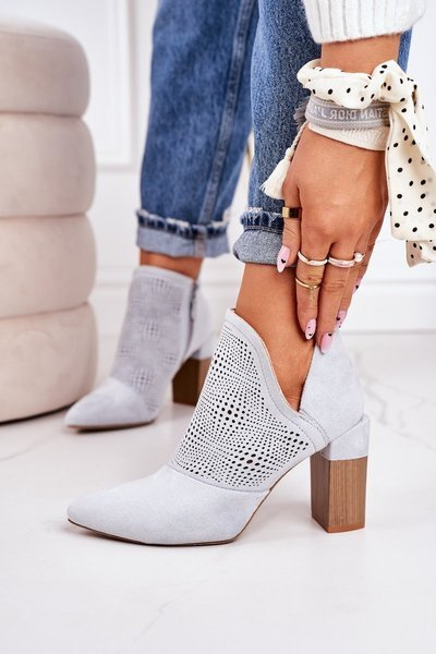 Openwork Boots On A Block Heel Light Grey Michelle