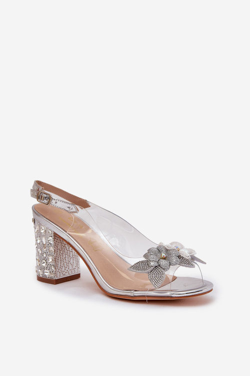 Transparent Sandals With Flowers On Decorated Heel D&A MR38-331 Silver