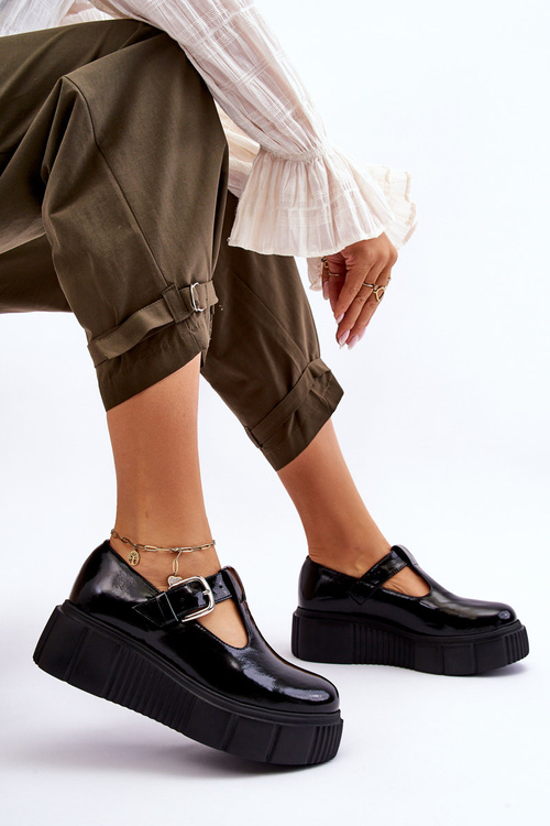 Półbuty Modne Skóra Lakier Masywna Platforma Czarne Colson