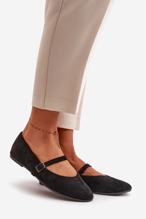 Flat Ballet Shoes With Strap Eco Suede Black Tirilina