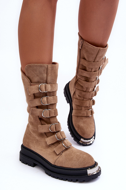 High Boots with Straps Suede Workery Beige Elnatea