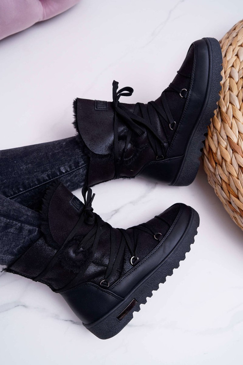 Damskie Botki Śniegowce Ocieplane Futerkiem Czarne Fereni