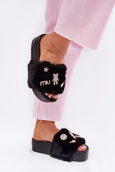 Ladies Platform Slippers With Fur And Gold Clips Black Livira