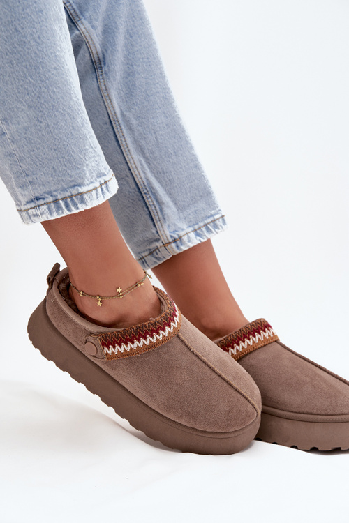 Women's Low Snow Boots With Movable Strap And Embroidery On Platform Dark Beige Lyrisse