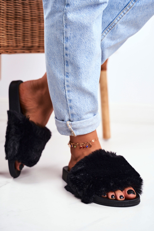 Rubber Slippers With Eco Fur Black Sensitive