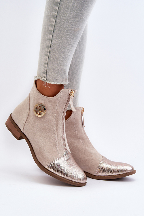 Women's Ankle Boots with Flat Heel and Zip Beige Loratie