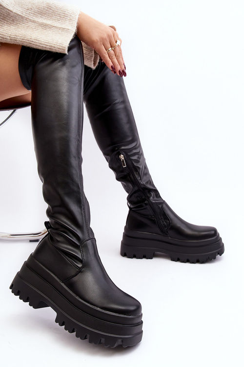 Women's Over-the-Knee Boots on Chunky Sole Black Chinasa