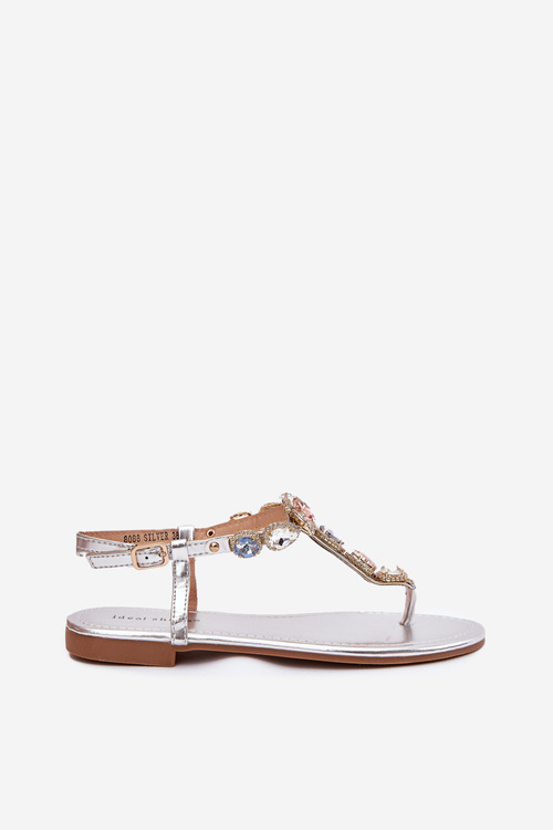 Ladies Sandals On Flat Heel With Crystals Silver Fiolalia